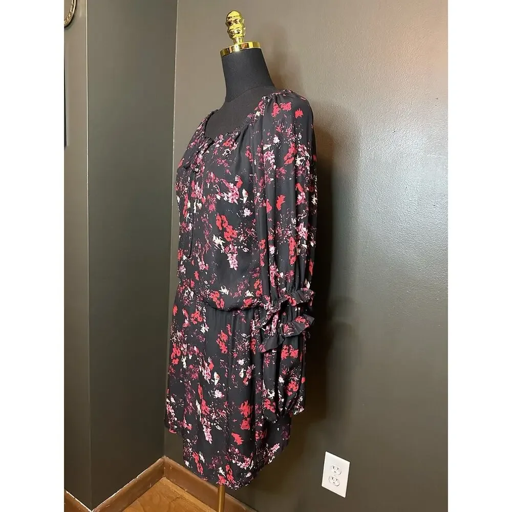 Parker Black Long‎ Sleeve Tiered Ruffle Dress Red White Floral XS Extra Small - Picture 6 of 9
